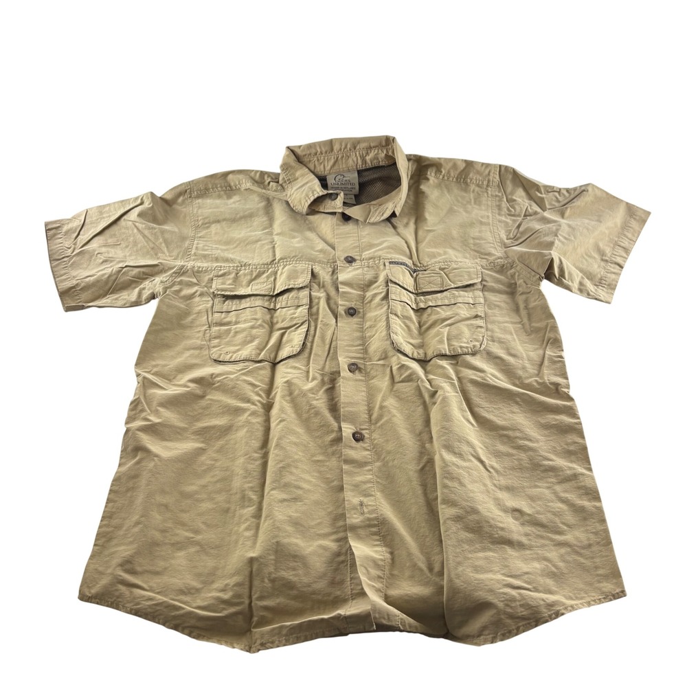 Ducks Unlimited‎ Mens Large Tan Khaki Short Sleeve Vented Fishing Shirt Cotton